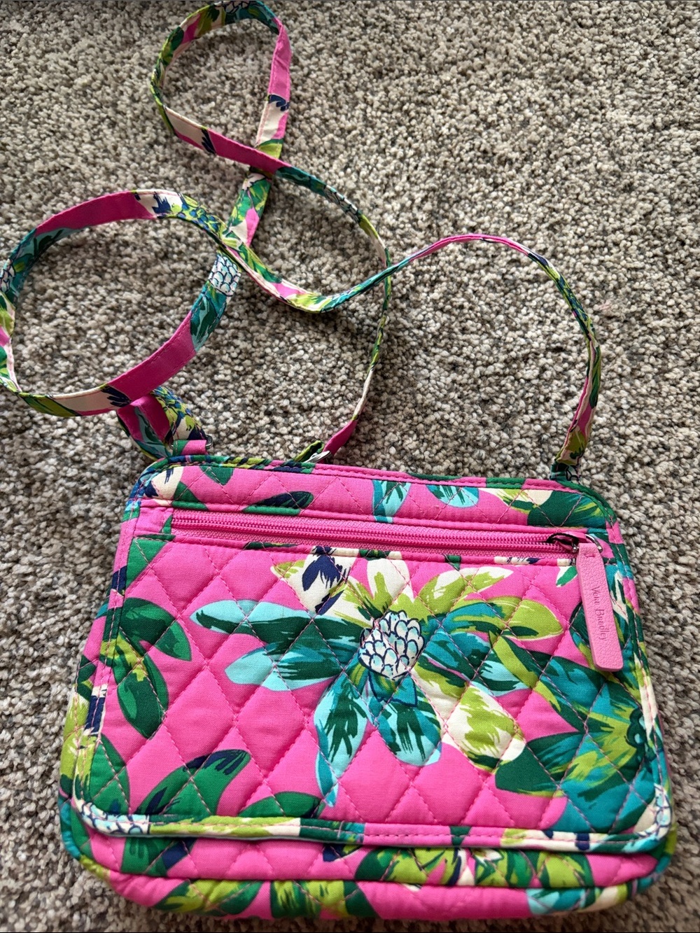 Vera Bradley Pink Floral Quilted Crossbody with Green Accents